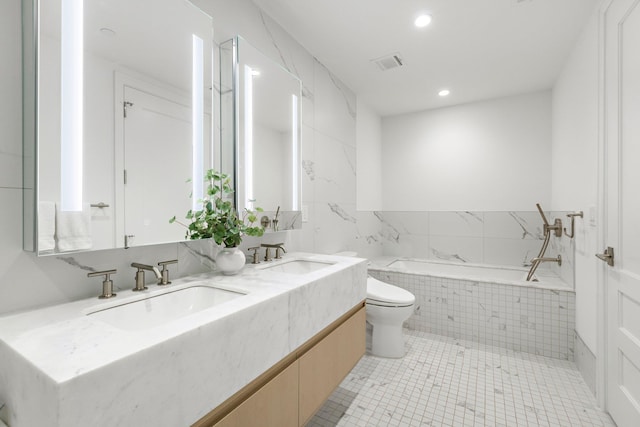 720 Clinton St Unit 6-03, Hoboken, NJ 07030 - full bath with a bath, double vanity, recessed lighting, and tile patterned floors