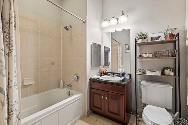 full bathroom with vanity, tile patterned flooring, toilet, and shower / bathtub combination with curtain