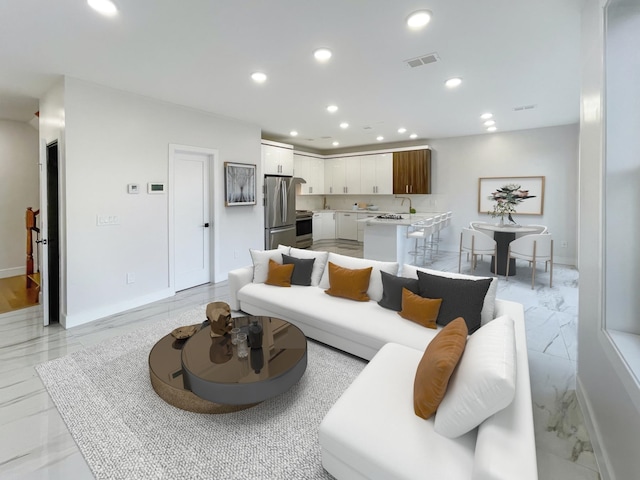 285 Lembeck Ave Unit 1, Jersey City, NJ 07305 - living room with visible vents, marble finish floor, and recessed lighting