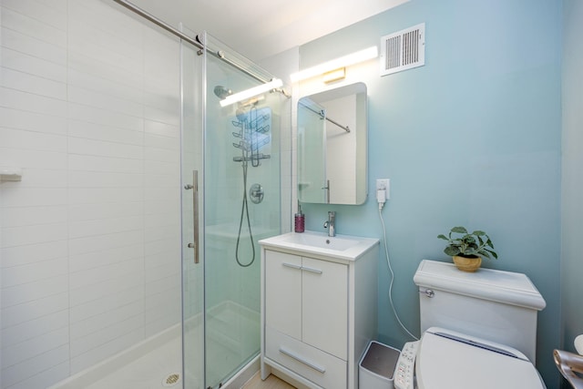 bathroom featuring visible vents, toilet, and a shower stall