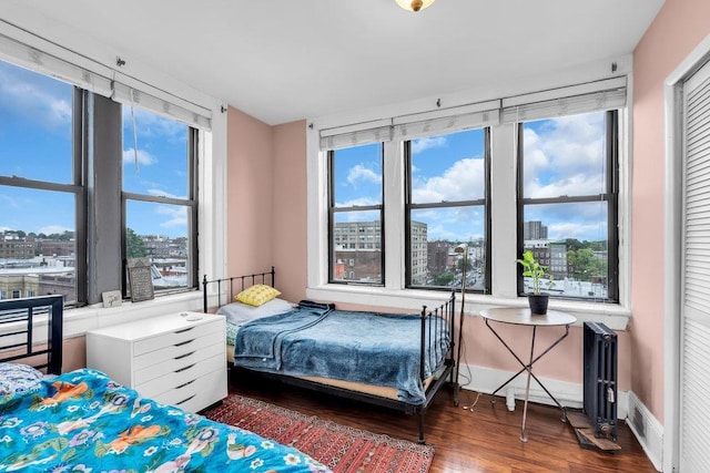 6414 Park Ave Unit 14, West New York, NJ 07093 - bedroom with wood finished floors, multiple windows, radiator, and a view of city