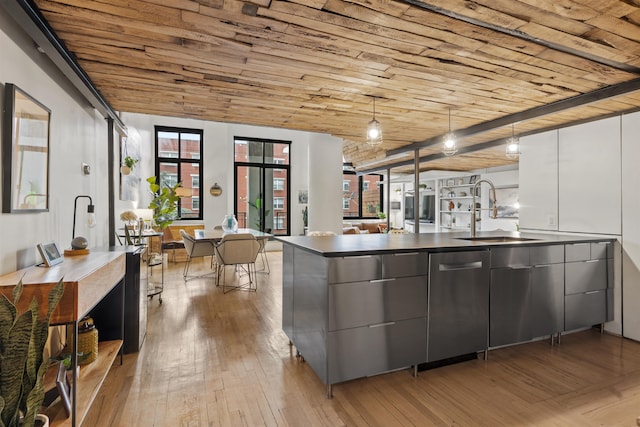 205 10th St Unit 3G, Jersey City, NJ 07302 - kitchen featuring wood ceiling, modern cabinets, dishwasher, white cabinetry, and light wood finished floors
