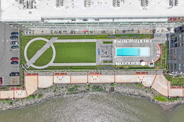 drone / aerial view with a water view