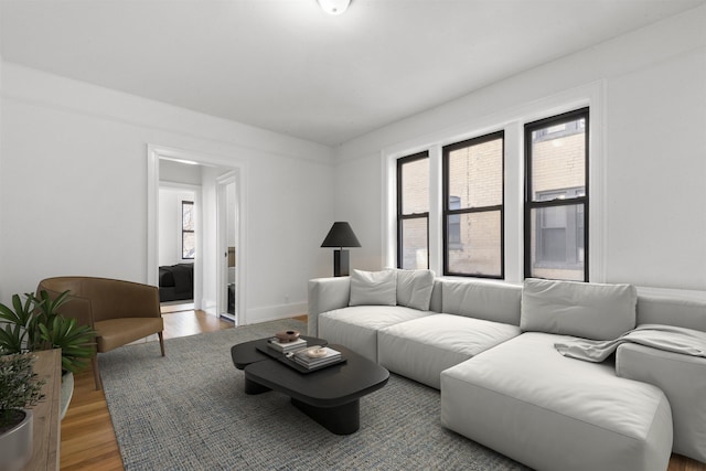 living room with wood finished floors and baseboards