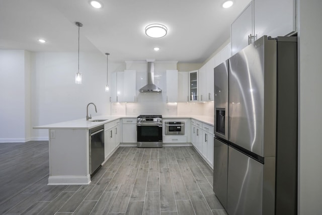 kitchen with a peninsula, a sink, appliances with stainless steel finishes, decorative backsplash, and wall chimney exhaust hood