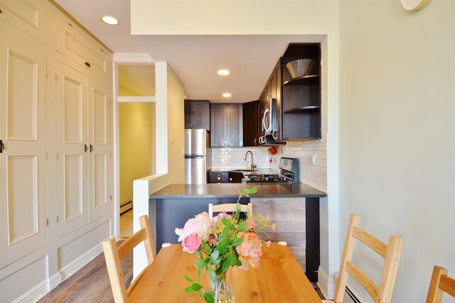 kitchen with dark brown cabinetry, sink, dark wood-type flooring, tasteful backsplash, and appliances with stainless steel finishes