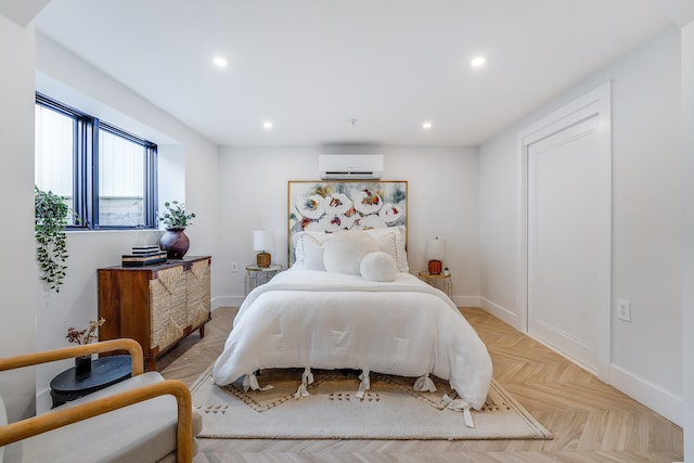 bedroom with recessed lighting, baseboards, and a wall mounted air conditioner