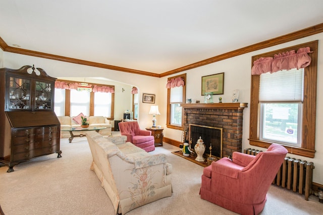 532 Passaic Ave, Nutley, NJ 07110 - living room featuring radiator heating unit, carpet, crown molding, and a fireplace