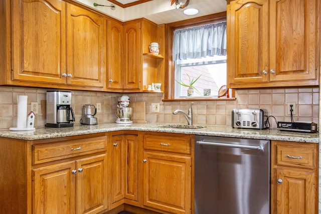 532 Passaic Ave, Nutley, NJ 07110 - kitchen featuring stainless steel dishwasher, a sink, decorative backsplash, and brown cabinetry