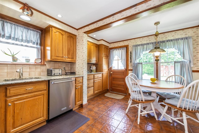 532 Passaic Ave, Nutley, NJ 07110 - kitchen featuring dishwasher, ornamental molding, a sink, wallpapered walls, and plenty of natural light