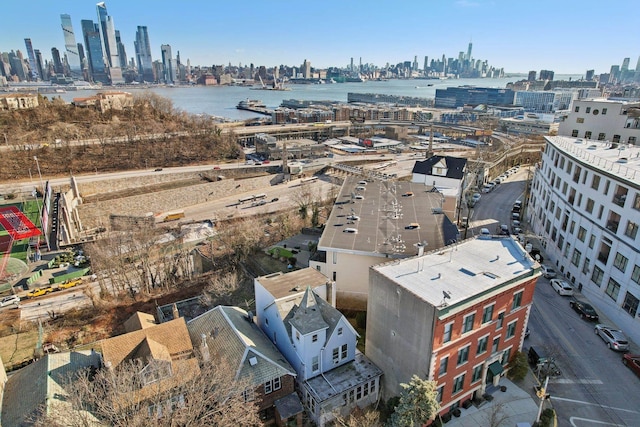 aerial view featuring a water view