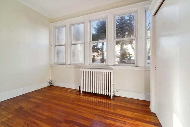 empty room featuring a wealth of natural light, dark hardwood / wood-style floors, and radiator heating unit