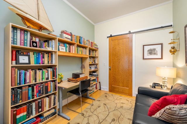 895 Summit Ave, Jersey City, NJ 07307 - office area featuring ornamental molding, wood finished floors, a barn door, and baseboards