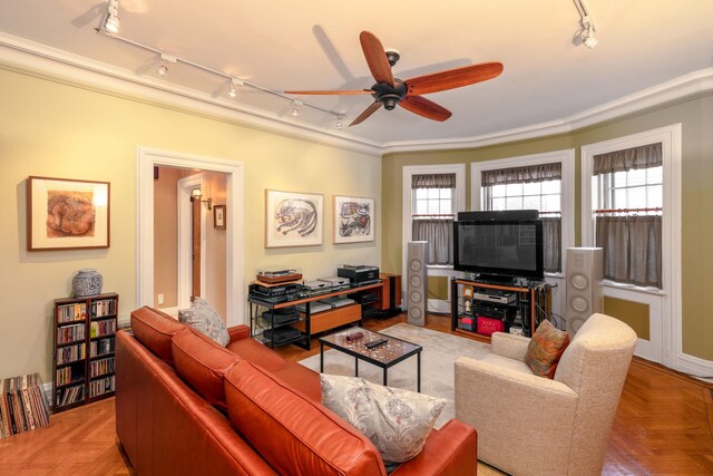 895 Summit Ave, Jersey City, NJ 07307 - living room featuring track lighting, ceiling fan, crown molding, and baseboards