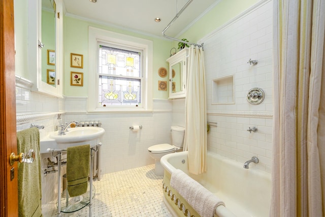 895 Summit Ave, Jersey City, NJ 07307 - full bath with toilet, tile walls, crown molding, shower / bath combo, and wainscoting