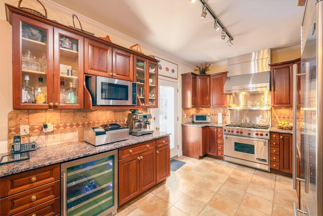 895 Summit Ave, Jersey City, NJ 07307 - kitchen featuring wine cooler, appliances with stainless steel finishes, wall chimney range hood, decorative backsplash, and ornamental molding