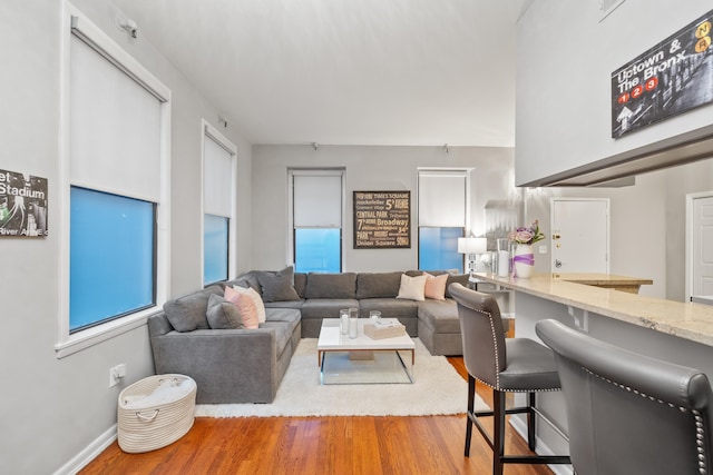living area with wood finished floors and baseboards