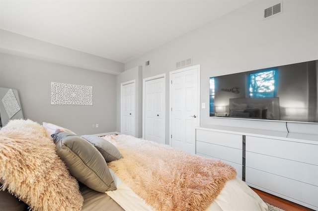 bedroom with multiple closets and wood finished floors