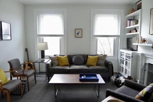 living area featuring a fireplace