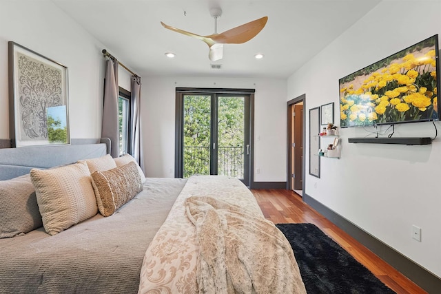 245 Ogden Ave Unit 2, Jersey City, NJ 07307 - bedroom featuring access to exterior, wood finished floors, recessed lighting, baseboards, and ceiling fan