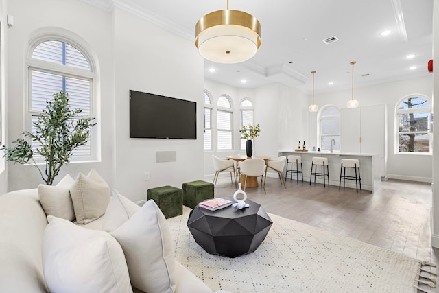 living room with a wealth of natural light, wood-type flooring, and ornamental molding