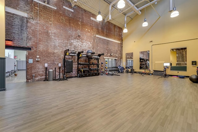 miscellaneous room with wood finished floors and a high ceiling