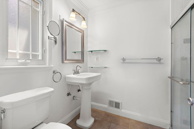 5 Bonn Pl, Weehawken, NJ 07086 - bathroom with tile patterned flooring, a shower with shower door, and crown molding