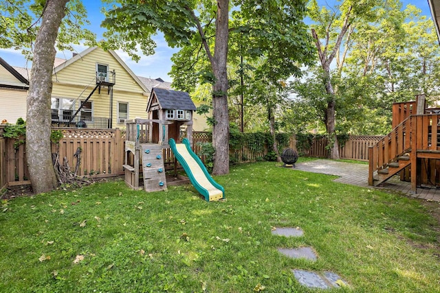 5 Bonn Pl, Weehawken, NJ 07086 - view of jungle gym with a fenced backyard and stairway