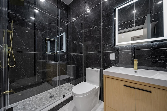 248 New York Ave Unit 1, Jersey City, NJ 07307 - bathroom with toilet, vanity, tile walls, and a shower stall