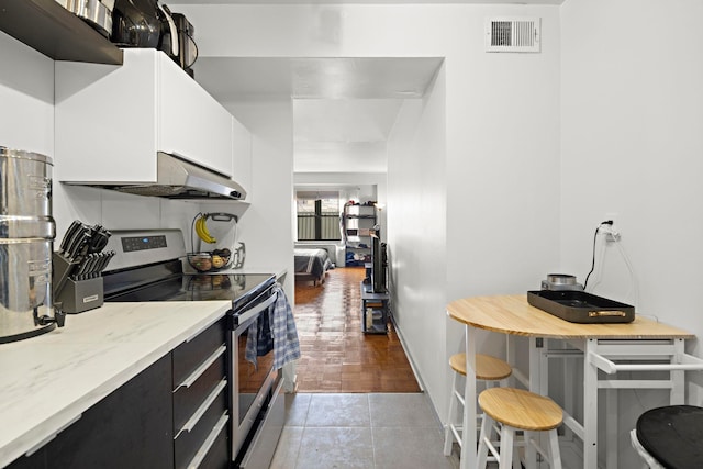 1 Greene St Unit 710, Jersey City, NJ 07302 - kitchen with stainless steel electric stove, under cabinet range hood, white cabinetry, dark cabinets, and light stone countertops