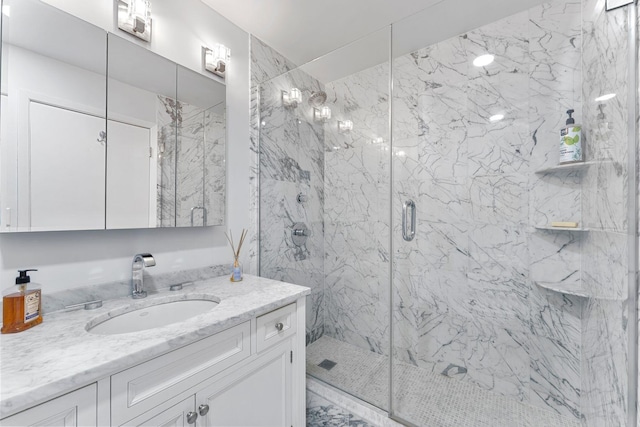 600 Harbor Blvd Unit 903, Weehawken, NJ 07086 - bathroom featuring a marble finish shower, vanity, and marble finish flooring