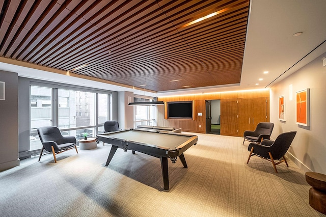 playroom with pool table and light carpet