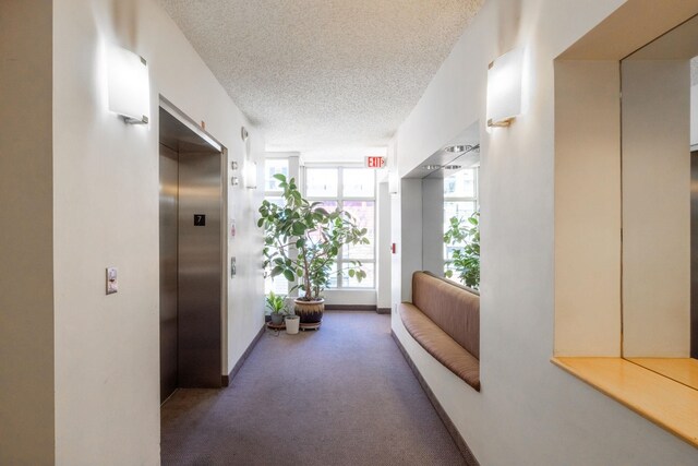 hallway featuring carpet floors, elevator, and a textured ceiling