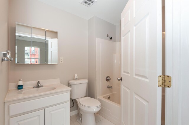 bathroom with tile patterned flooring, vanity, toilet, shower / washtub combination, and visible vents