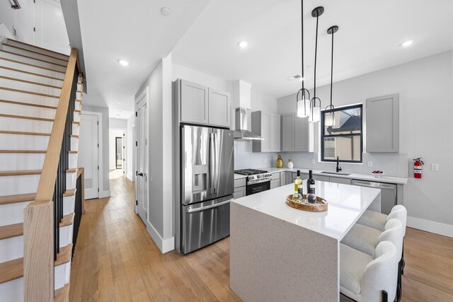 kitchen featuring gray cabinetry, a sink, appliances with stainless steel finishes, a center island, and wall chimney exhaust hood