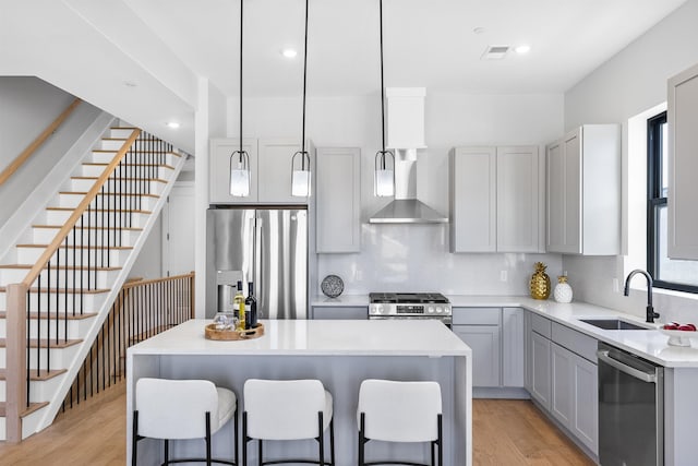 kitchen featuring appliances with stainless steel finishes, a kitchen island, and wall chimney range hood