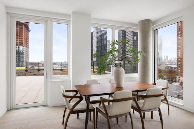 43 Provost St Unit 10O, Jersey City, NJ 07302 - dining space with a view of city, light wood finished floors, and baseboards