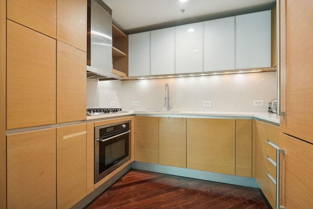 kitchen featuring dark wood-type flooring, wall chimney exhaust hood, sink, white cabinetry, and appliances with stainless steel finishes