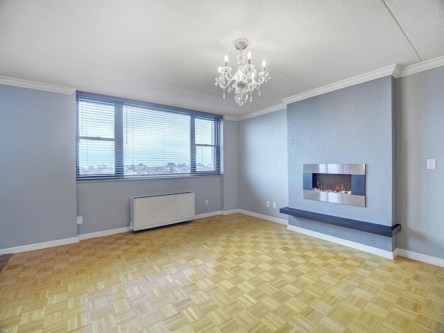 250 Gorge Rd Unit 16D, Cliffside Park, NJ 07010 - unfurnished living room with a chandelier, a lit fireplace, ornamental molding, radiator, and a textured ceiling
