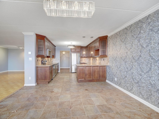 250 Gorge Rd Unit 16D, Cliffside Park, NJ 07010 - kitchen featuring glass insert cabinets, crown molding, freestanding refrigerator, a peninsula, and brown cabinetry