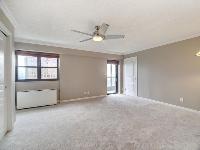 250 Gorge Rd Unit 16D, Cliffside Park, NJ 07010 - carpeted empty room featuring a textured ceiling, crown molding, ceiling fan, and radiator heating unit