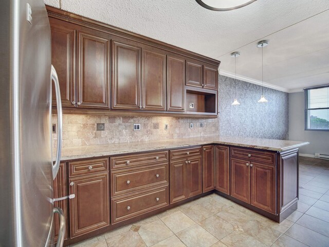 250 Gorge Rd Unit 16D, Cliffside Park, NJ 07010 - kitchen featuring freestanding refrigerator, tasteful backsplash, light tile patterned floors, a peninsula, and ornamental molding