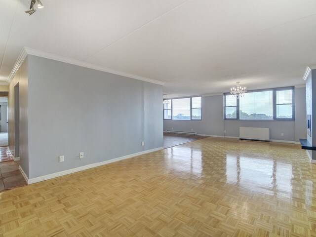 250 Gorge Rd Unit 16D, Cliffside Park, NJ 07010 - spare room with crown molding, a baseboard radiator, and a chandelier