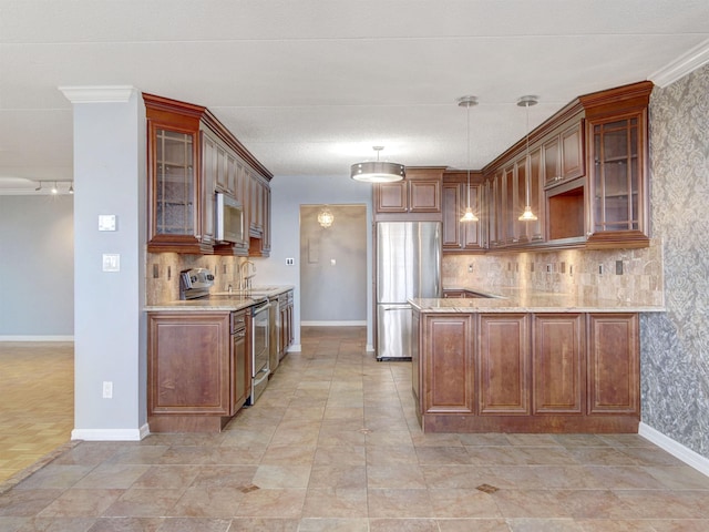 250 Gorge Rd Unit 16D, Cliffside Park, NJ 07010 - kitchen featuring appliances with stainless steel finishes, light stone counters, a peninsula, glass insert cabinets, and pendant lighting