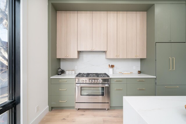 100 Webster Ave Unit 2, Jersey City, NJ 07307 - kitchen with high end stainless steel range oven, green cabinets, light wood-type flooring, and tasteful backsplash