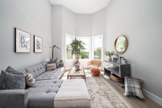 living room with light hardwood / wood-style flooring and a towering ceiling