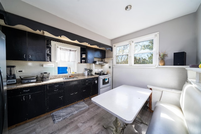 20 W 22nd St, Bayonne, NJ 07002 - kitchen with white electric stove, dark cabinetry, open shelves, and light countertops