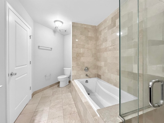 bathroom featuring toilet, independent shower and bath, and tile patterned floors