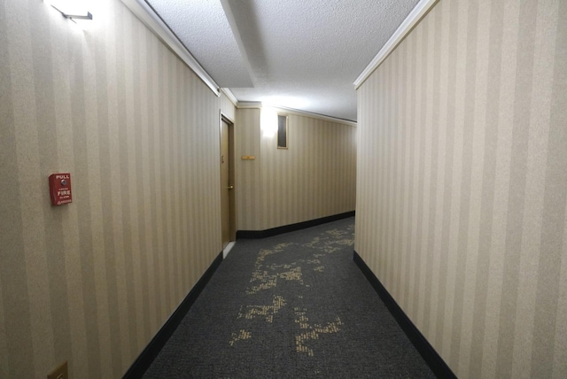 hallway with ornamental molding and a textured ceiling