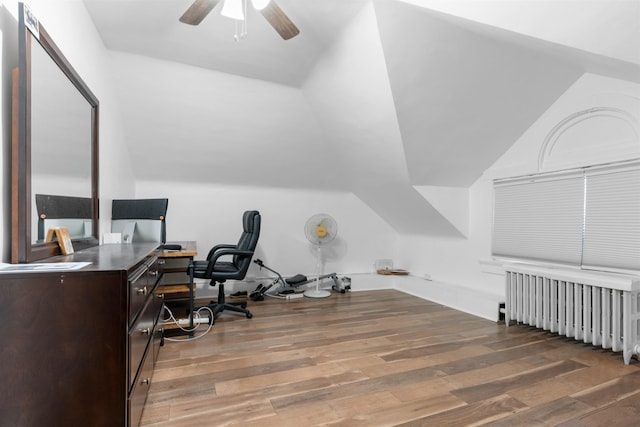 2746 John F Kennedy Blvd, Jersey City, NJ 07306 - office with wood-type flooring, radiator, lofted ceiling, and ceiling fan